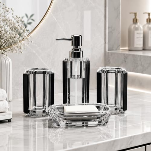 LGURT 4pc Crystal Acrylic Bathroom Set, Brushed Black Soap Dispenser | Soap dish, rinse cup & holder, with brushed black accent. For apartment, guest bath, or vanity countertop. - color: Black