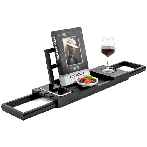 Utoplike Bamboo Bathtub Tray Black, Adjustable Bath Caddy Table for Tub | Bathroom Organizer with Book Tablet, Wine Glass Cup, Towel Holder - color: 19.8-33.5 in Black