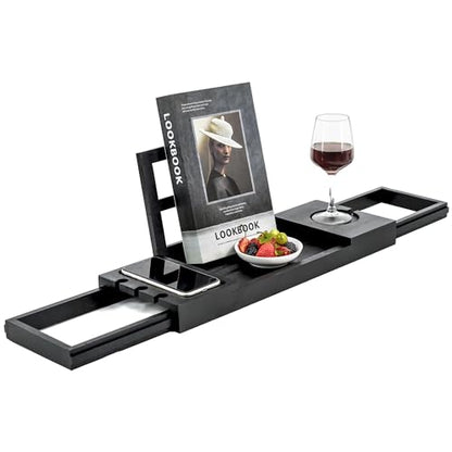 Utoplike Bamboo Bathtub Tray Black, Adjustable Bath Caddy Table for Tub | Bathroom Organizer with Book Tablet, Wine Glass Cup, Towel Holder - color: 19.8-33.5 in Black