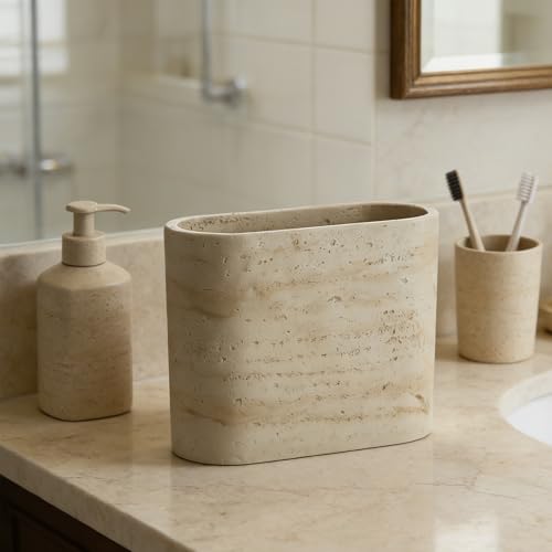 Natural Travertine Textures Mini Trash Can, Small Counter Rectangle Trash Can for Bathroom Kitchen Table Desk, Tiny Waste Basket for Vanity - Silicone Pad Anti Scratch, Non-Slip (Made of Resin) - color: Rectangle Travertine