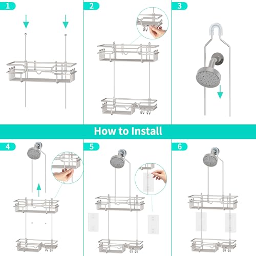 HapiRm Hanging Shower Caddy Organizer - Bathroom Organizer with 12 Hooks and Soap Holder, Rustproof Shower Shelf over Shower Head - Brushed Nickel - color: Brushed Nickel
