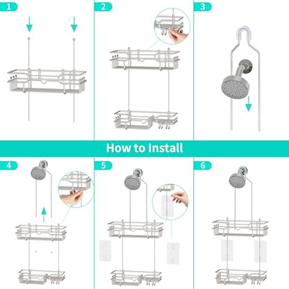 HapiRm Hanging Shower Caddy Organizer - Bathroom Organizer with 12 Hooks and Soap Holder, Rustproof Shower Shelf over Shower Head - Brushed Nickel - color: Brushed Nickel