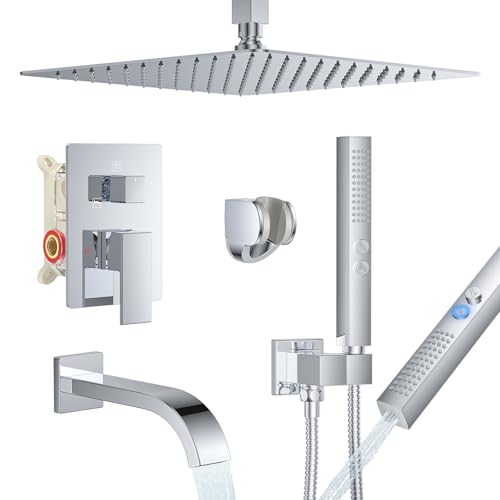 Chrome Shower System with Tub Spout, Ceiling Mounted Bathtub Shower Faucet Set, 12" Rainfall Shower Head and Handheld Shower Combo, High Pressure Shower Fixtures Set with Rough-in Valve - color: Polished Chrome, style: 12" Ceiling Mounted Shower System wi