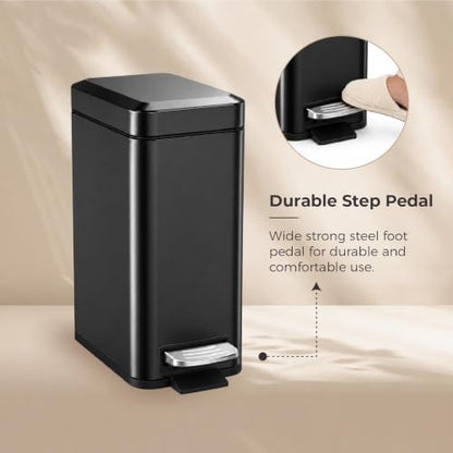 Sineng Bathroom Trash Can with Lid Soft Close, 1.6 Gallon Stainless Steel Small Pedal Garbage Can with Removable Inner Bucket, Waste Bin for Kitchen Bedroom, Compact Toilet Trash bin, Black - color: Black