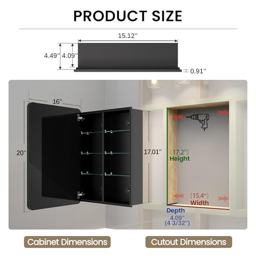 16x20 Medicine Cabinet with Mirror, Black Aluminum, Pre-Assembled | Bathroom mirror with storage, 3 adjustable acrylic shelves, Tempered Glass Mirror - size: 16" x 20"