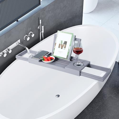Utoplike Bathtub Tray Caddy Bamboo, Grey Bath Table for Tub Adjustable | Bathroom Organizer with Book Tablet, Wine Glass Cup, Towel Holder - color: 19.8-33.5 in Grey