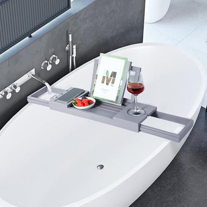 Utoplike Bathtub Tray Caddy Bamboo, Grey Bath Table for Tub Adjustable | Bathroom Organizer with Book Tablet, Wine Glass Cup, Towel Holder - color: 19.8-33.5 in Grey