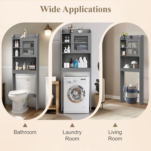 ZENY Over The Toilet Storage Cabinet, Bathroom Organizer with Adjustable Shelf and Double Doors, Freestanding Bathroom Space Saver Toilet Rack (Gray) - color: Grey