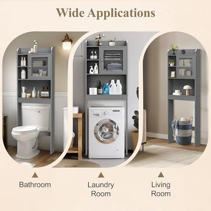 ZENY Over The Toilet Storage Cabinet, Bathroom Organizer with Adjustable Shelf and Double Doors, Freestanding Bathroom Space Saver Toilet Rack (Gray) - color: Grey