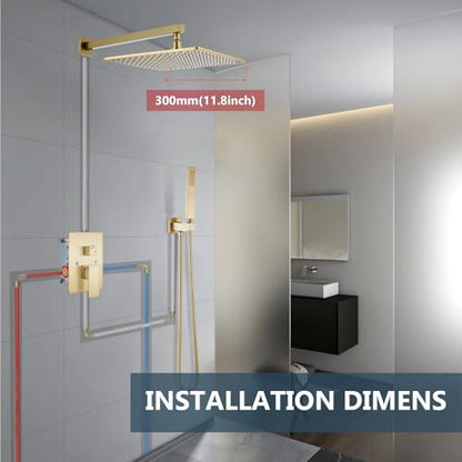 Aolemi Shower Faucet Set with Valve Handheld 12" LED Head Brushed Gold | Handheld Spray,12 Inch Rain LED Head,Valve and Trim Kit,All Metal,Wall Mount Shower System,Bathroom Mixer - color: Gold, size: 12 Inch LED Shower Head