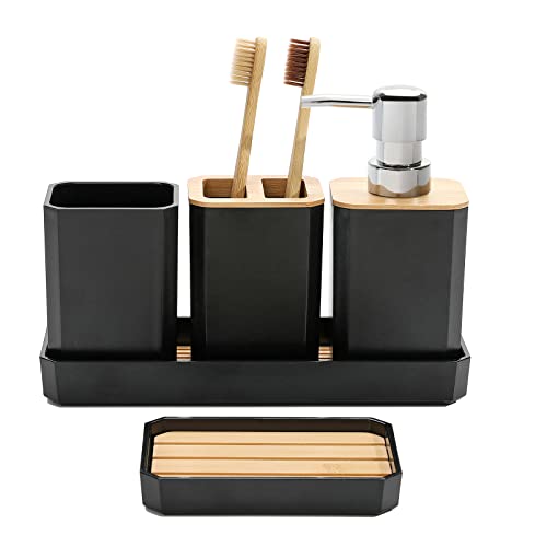 FEILANDUO Bathroom Accessories Set,5 Pcs Bathroom Accessory Gift Set, Soap Dispenser, Soap Dish, Toothbrush Holder, Toothbrush Cup, Vanity Tray, Boho, Modern Bathroom Decor (Black) - style: Black