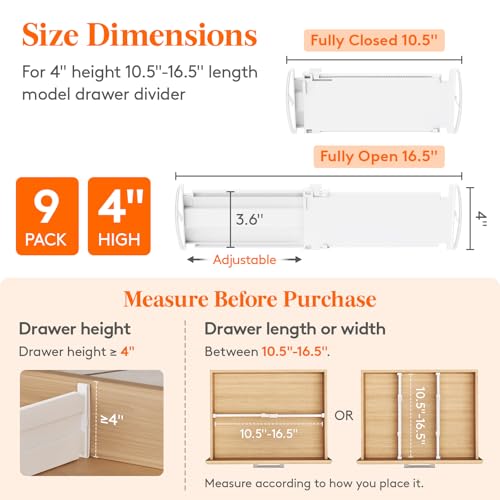 Lifewit 9 Pack 4" High Drawer Dividers, Adjustable Drawer Organizer Clothes | 10.5"-16.5" Expandable White Plastic Separators for Dresser, Kitchen, Cabinet, Nursery, Office, Socks & Underwear Storage - size: 4"H, 10.5-16.5"L