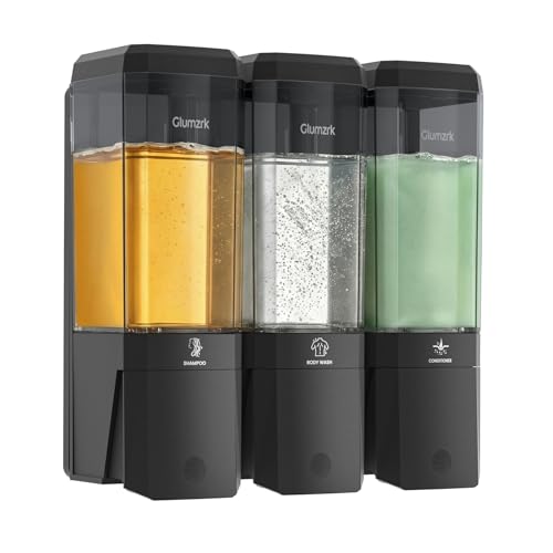 Shampoo and Conditioner Dispenser 3 Chamber 17oz No Drill Shower Soap Dispenser Wall Mounted Shampoo Conditioner Body Wash Refillable Bathroom Shower Dispenser (Black+Smoke Gray 3 Chamber) - color: Black-smoke Gray-3