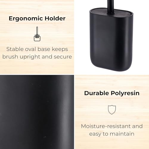 Oval Toilet Brush & Holder Set, Steel Handle, Japandi Decor, Compact, Black | Polyresin, Toilet cleaning, Daily hygiene, Guest bathroom, Small spaces, Hygienic Discreet Holder, Easy to Clean - color: Black