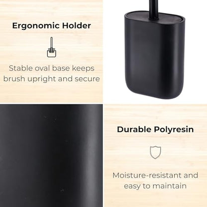 Oval Toilet Brush & Holder Set, Steel Handle, Japandi Decor, Compact, Black | Polyresin, Toilet cleaning, Daily hygiene, Guest bathroom, Small spaces, Hygienic Discreet Holder, Easy to Clean - color: Black