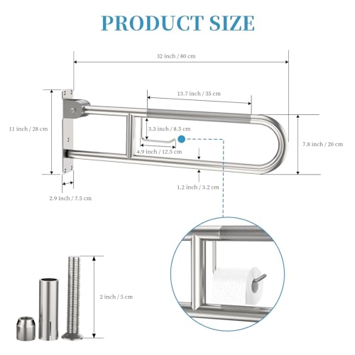 Toilet Grab Bar 30.3 Inch, Munzong Anti-Slip Handicap Grab Bars with Paper Holder, Flip-Up Bathroom Toilet Safety Rails, Stainless Steel Knurled Support handrails for Seniors Elderly Disabled Pregnant | Anti-Slip Bathroom Toilet Safety Rails Stainless Ste