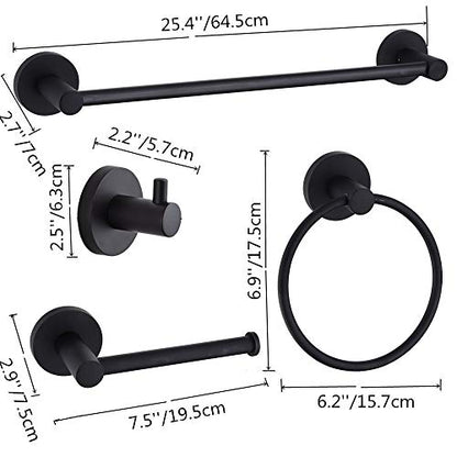 4-Piece Bathroom Hardware Set Black Wall Mounted, Robe Hook, Wall Toilet Paper Holder, Towel Ring, Adjustable Towel Bar(18’’-24’’),Bathroom Accessories Black Painted - size: 4 PCS