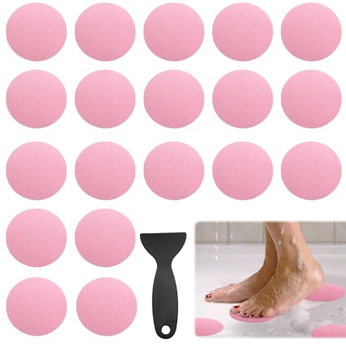 24 PCS Pink Round Shape Bathtub Non Slip Stickers | Adhesive Decals, Anti Slip for Shower, For Floor Bathroom Stairs Ladders, Includes Scraper - color: Pink