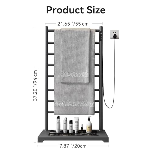 Freestanding Heated Towel Rack with Heavy Marble Base, 8-Bar Heating Towel Rack Adjustable Temperature 115-155°F with Timer and LED Display Clothes Drying Rack for Bathroom (Grey)