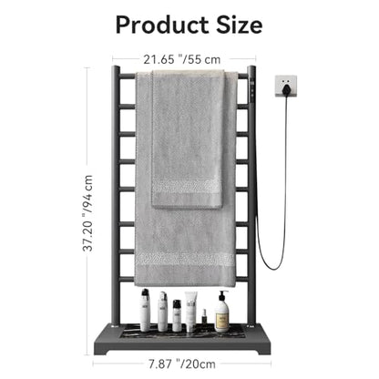Freestanding Heated Towel Rack with Heavy Marble Base, 8-Bar Heating Towel Rack Adjustable Temperature 115-155°F with Timer and LED Display Clothes Drying Rack for Bathroom (Grey)