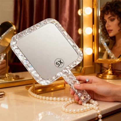 YEAKE Hand Mirror,Double-Sided Handheld 1X/5X Magnifying Mirror with Handle for Makeup, Shaving Mirror with Hole Hanging,Acrylic, 6.1" W x 10" L, Square Shape, Transparent 1 PC - size: 10"L x 6.1"W