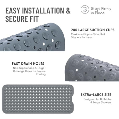 Bathtub Mat Non-Slip – 39" x 15.5" Extra Long Shower Mat with Suction Cups, BPA Free & Machine Washable, Textured Bath Mat for Tub, Ideal for Kids, Seniors & Pregnant Women, Gray - color: Gray