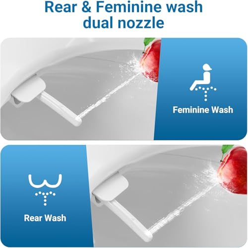 Elongated Bidet Toilet Seat Self Cleaning Dual Nozzles Toilet Seat with Soft Close Lid, Quiet-Close Design and Adjustable Water Spray, White Bidet Attachment Easy Installation