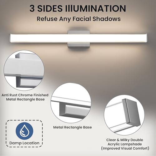 Modern LED Bathroom Vanity Light 36 inch 24W Dimmable 3CCT Bathroom Light Fixture Over Mirror Rectangle Bath Vanity Light Bar with Double Layer Acrylic Shade (Chrome) - color: Chrome, size: 36 inch