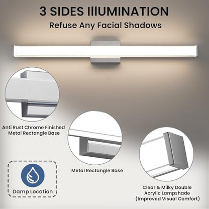 Modern LED Bathroom Vanity Light 36 inch 24W Dimmable 3CCT Bathroom Light Fixture Over Mirror Rectangle Bath Vanity Light Bar with Double Layer Acrylic Shade (Chrome) - color: Chrome, size: 36 inch