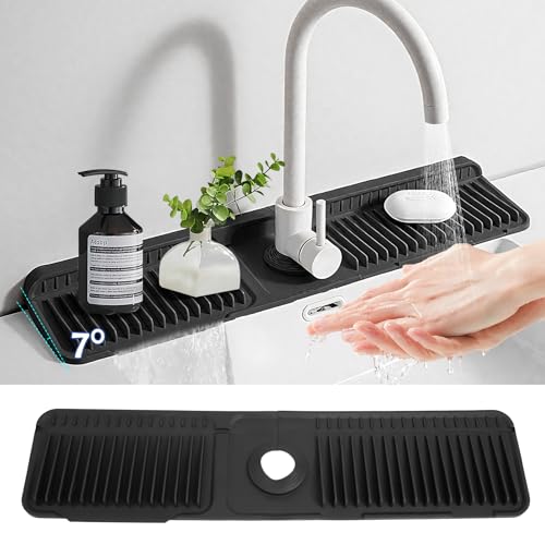 24"Longer Silicone Faucet Mat For Kitchen Sink Splash Guard Black, 24"x5.5" | 7° Slope Snap Lock- Sink Faucet Mat Splash Guard Kitchen Sink Area Silicone Sink Water Splash Guard Behind Faucet - color: Black