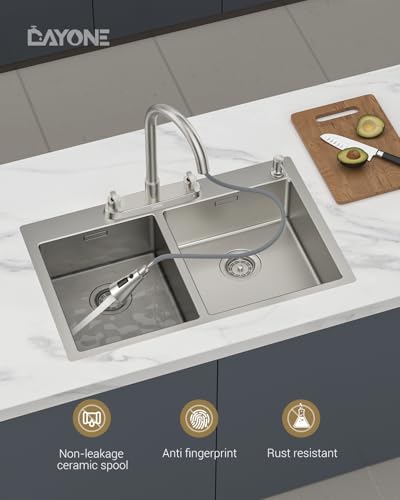 DAYONE 2 Handle Kitchen Faucet with Pull Down Sprayer, 4 Holes Sink Faucets for Kitchen/RV with Soap Dispenser Stainless Steel, Brushed Nickel - color: Brushed Nickel, style: 4 Holes Pull Down