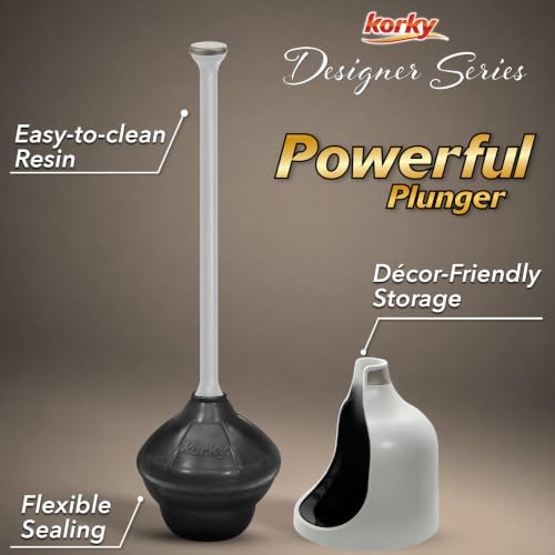 Korky Gray Toilet Plunger and Holder – Fast Clog Removal - Made in USA - color: Gray