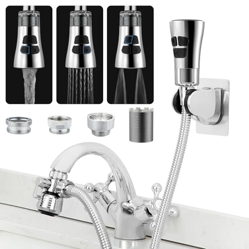 CECEFIN Kitchen Faucet Hose Attachment, 4-Mode ON/Off Spray Head w/Filter | 4.9Ft Stainless Steel Hose, Water Saving Aerator w/ 3-Way Diverter Valve, for Laundry/Bathroom Sink Hair Washing Pet Shower - color: G- Gery2- Aquablade Sprayer