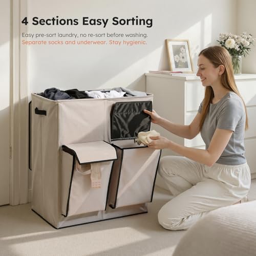 SOLEDI 180L Double Laundry Hamper with Lid and 2 Side Pockets, Dual Hamper | 2 Section Laundry Basket, Removable & Washable Laundry Bags, 180L Large Capacity, for Bedroom, Bathroom, Laundry Room, Dorm - color: Light taupe