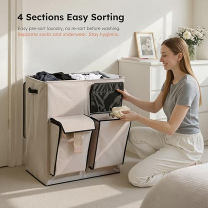SOLEDI 180L Double Laundry Hamper with Lid and 2 Side Pockets, Dual Hamper | 2 Section Laundry Basket, Removable & Washable Laundry Bags, 180L Large Capacity, for Bedroom, Bathroom, Laundry Room, Dorm - color: Light taupe