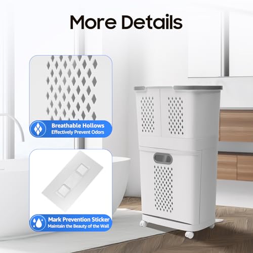 2-Layer Rolling Laundry Hamper with Detachable Baskets, Slim Space-Saving Laundry Sorter with 4 Wheels for Small Bathrooms, Dorms & Bedrooms, Laundry Room (Grey/White)