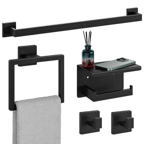 5-Pieces Matte Black Bathroom Hardware Set, 24 Inch Bathroom Towel Bar Set, SUS304 Stainless Steel Bathroom Hardware Accessories Set, Towel Racks for Bathroom Wall Mounted - size: 26 Inch (5 Pieces)