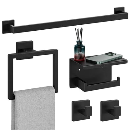 5-Pieces Matte Black Bathroom Hardware Set, 24 Inch Bathroom Towel Bar Set, SUS304 Stainless Steel Bathroom Hardware Accessories Set, Towel Racks for Bathroom Wall Mounted - size: 26 Inch (5 Pieces)