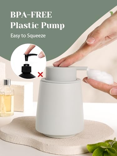 INGOFIN Ceramic Foaming Soap Dispenser -14 oz Foam Hand Soap Dispenser Bathroom, Modern Refillable Dish Wash Bottle for Kitchen with Large Pump, Matte Grey - color: Grey-foam