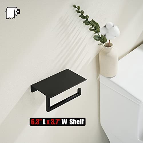 JQK Toilet Paper Holder Shelf, Bathroom Tissue Roll Holder with Phone Shelf, 5 Inch 304 Stainless Steel Tissue Paper Dispenser, Matte Black Wall Mount, TPH202-PB - color: Black