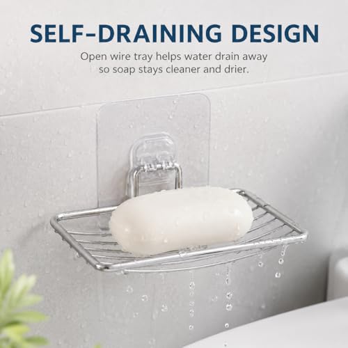 Bar Soap Holder for Shower Wall, Adhesive Stainless Steel Dish with Hooks, Rustproof Saver Tray for Bathroom Kitchen Sink, No Drilling Sponge Razor Storage Caddy, Square Drain Rack