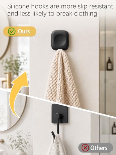 4PCS Adhesive Hooks, Folding Shower Hook, Waterproof Towel for Bathrooms Walls No Damage, Black Stick On for Hanging Home Storage Kitchen