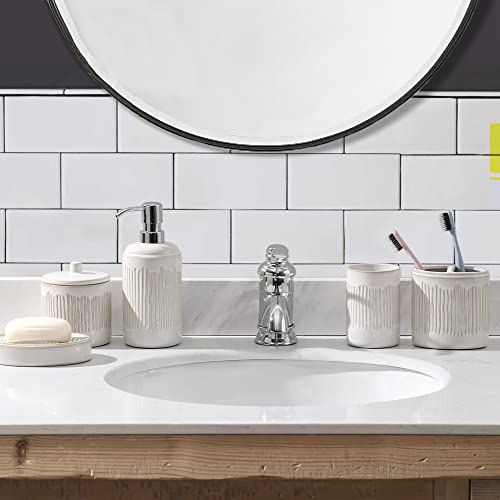 Bathroom Accessories Set, 5-Piece Ceramic Bath Accessory Complete Set with Lotion Dispenser/Soap Pump, Cotton Jar, Soap Dish, Tumbler and Toothbrush Holder (Ivory White)
