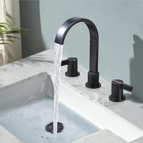 Midanya 8 Inch Widespread Bathroom Sink Faucet 3 Hole,Oil Rubbed Bronze | Waterfall Swivel Spout,2 Handle,SUS304,with Pop Up Drain,cUPC 24" Water Hose,for 6-16” hole distance vanity,RV,Farmhouse Sink - color: Bronze
