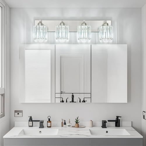 Modern Vanity Light 4-Lights Brushed Nickel Vanity Light Crystal Bathroom Wall Light Bathroom Light Fixtures - color: Nickel Straight, size: 4-light