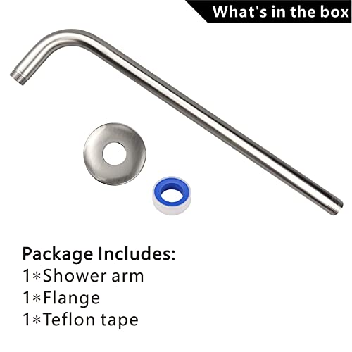 Voolan Shower Arm with Flange and Teflon Tape, Extension Shower Head Arm for Bathroom Fixed Shower Head, Solid Stainless Steel, Wall Mounted (15 Inch,Brushed Nickel) - color: Brushed Nickel, style: 15 Inch