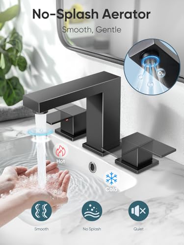 Cobbe Bathroom Faucet 3 Hole, Matte Black Bathroom Sink Faucet Widespread | Square 8 Inch with Pop-Up Drain, 2 Handle and 2 Supply Hoses, Lead-Free Stainless Steel, For Vanity, RV, Farmhouse - color: Black-2, size: 8 Inch Widespread