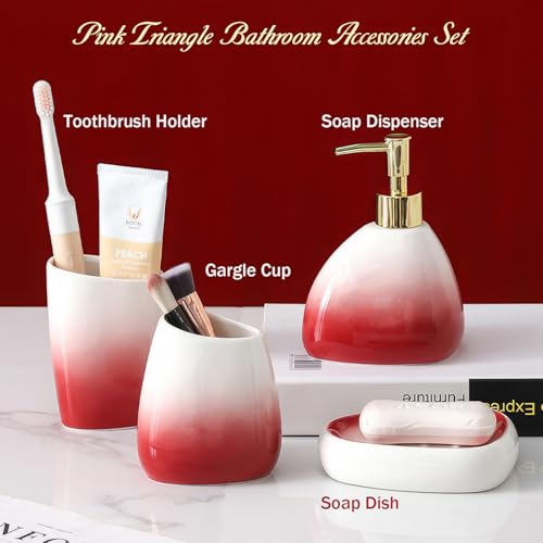 Bathroom Accessory Set, 4 Pcs White & Red Gradient Ceramic Bathroom Cabinet with Soap Dispenser Soap Dish Gargle Cup Toothbrush Holder, Fashion Bathroom Decor for Home Apartment Hotel (Red)