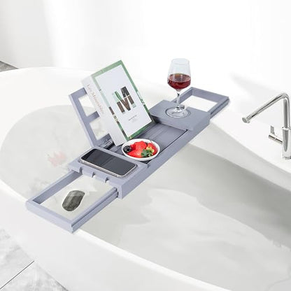 Utoplike Bathtub Tray Caddy Bamboo, Grey Bath Table for Tub Adjustable | Bathroom Organizer with Book Tablet, Wine Glass Cup, Towel Holder - color: 19.8-33.5 in Grey