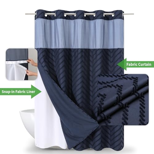eachope No Hook Tufted Chevron Striped Shower Curtain with Snap-in Fabric Liner set-71Wx74H(72H),Navy Blue Hotel Grade Boho Style Shower Curtain with See Through Top Window,Water Repellent - color: Navy Blue, size: 71"W x 74"L (Pack of 1)